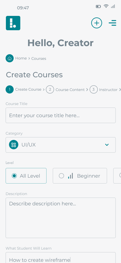 Create a course using mobile